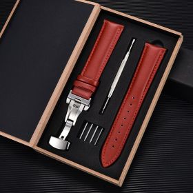 Unisex Double-sided Head Layer Cowhide Buckle Type Leather Watch Strap Bow Buckle Premium Needle Pattern (Option: Red-Silver-16mm)